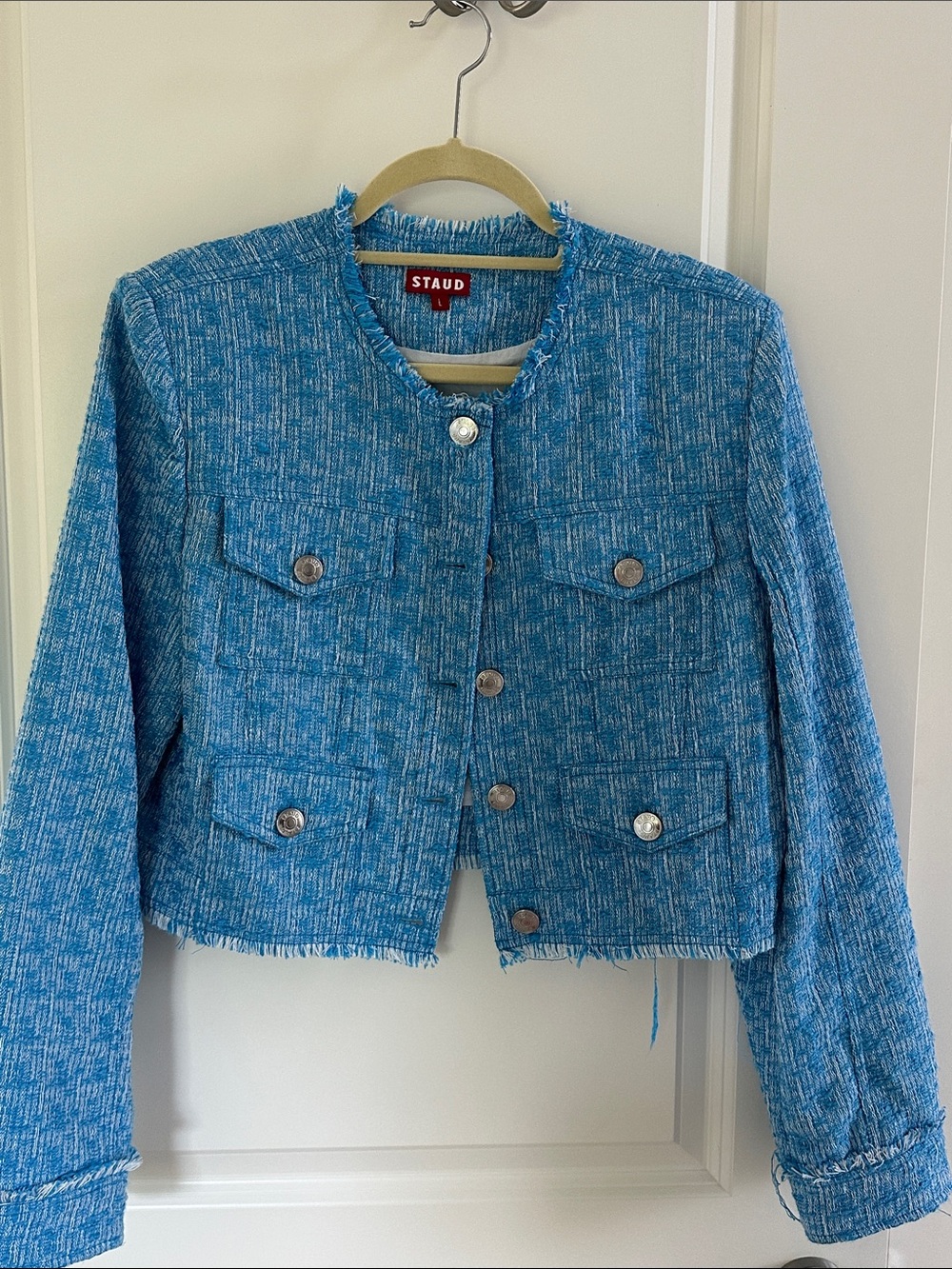 STAUD Teal-Blue Tweed Frayed-Edge Cropped Jacket